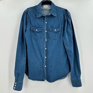 TORN by Ronny Kobo Denim Pearl Snap Women’s Top Pleated Shoulders Size Medium